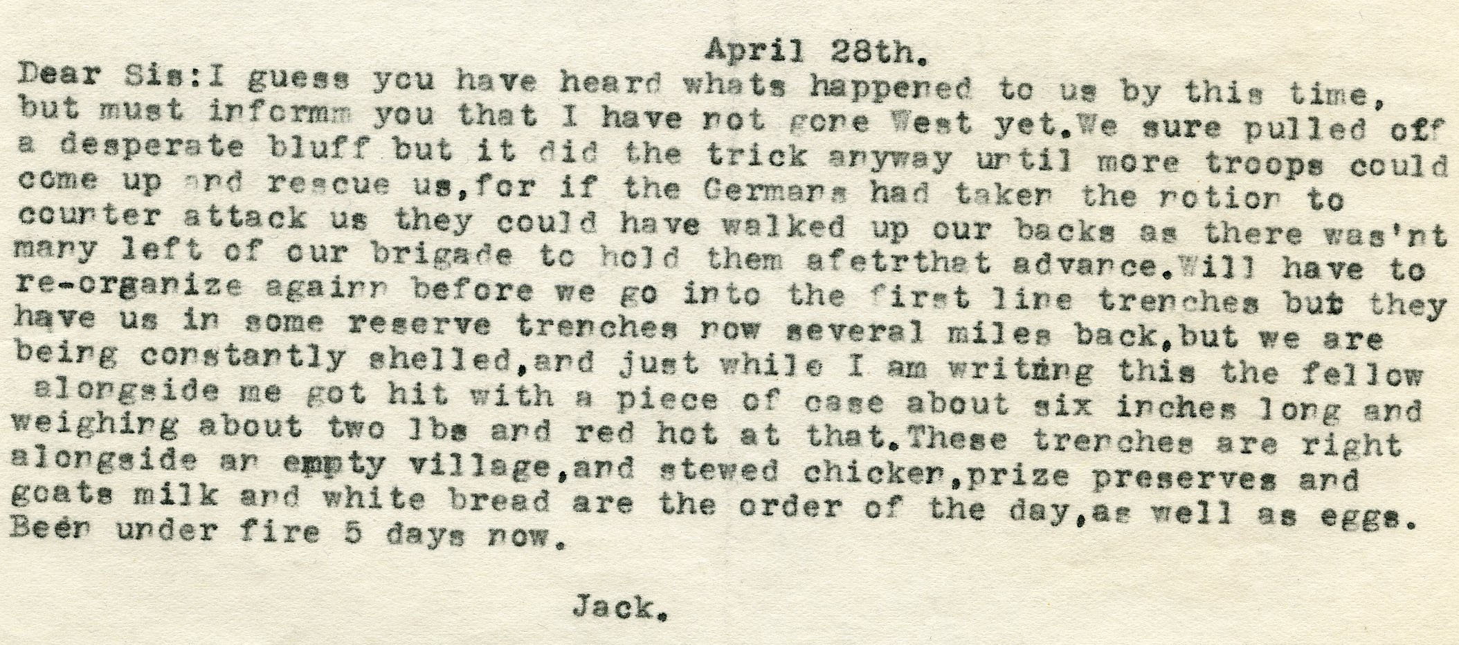 Letter to Jack's sister, typed. Folder 1-12.