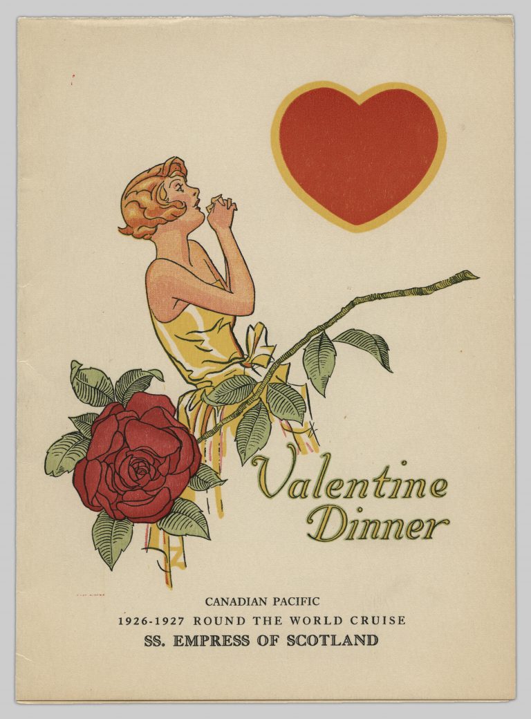 Menu from the Valentine dinner on the Empress of Scotland's 1926-1927 world cruise.